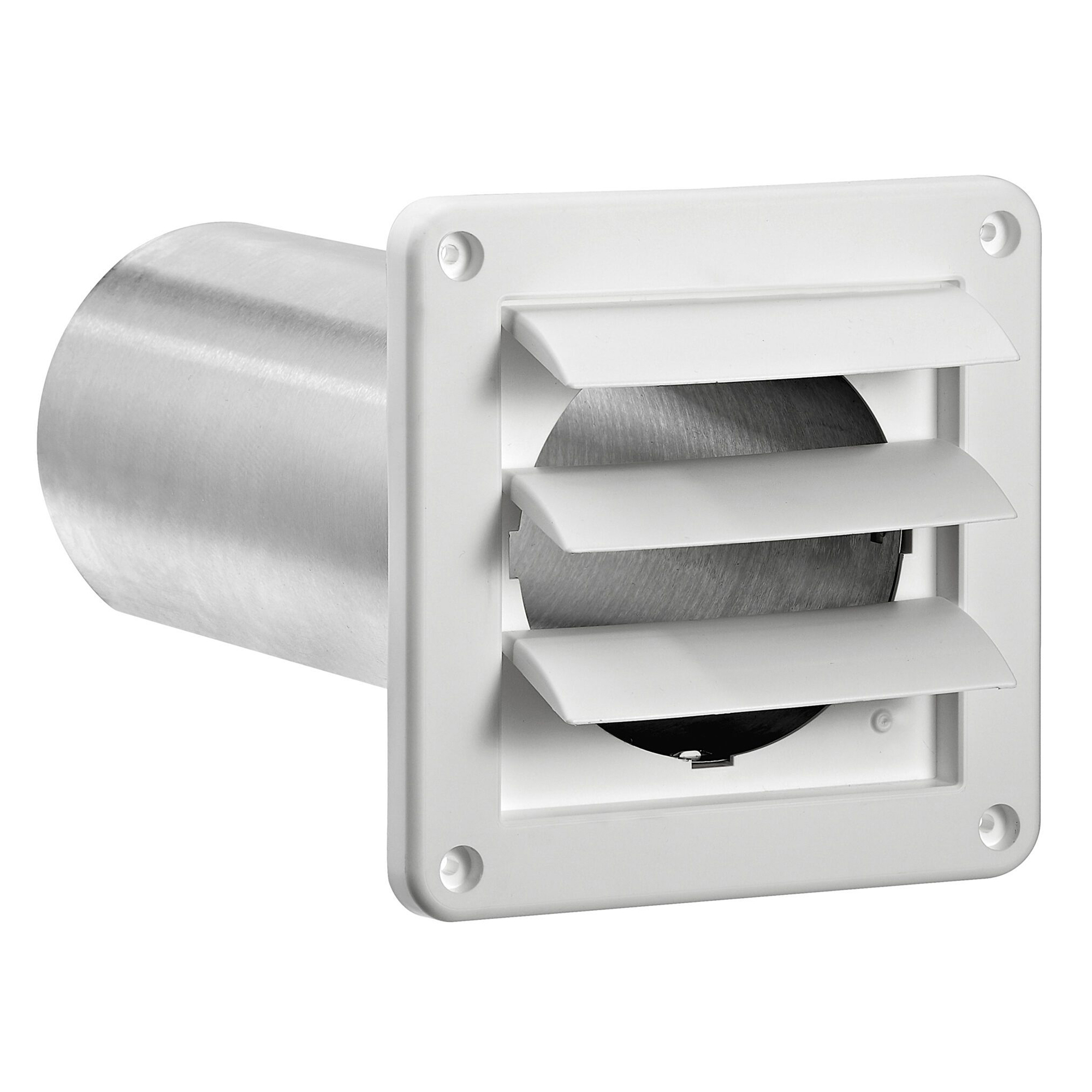 Lambro Plastic Wall Exhaust Louvered Dryer Vent with 11in. Pipe, No Interior Trim Plate, 4in., White, 267W-B